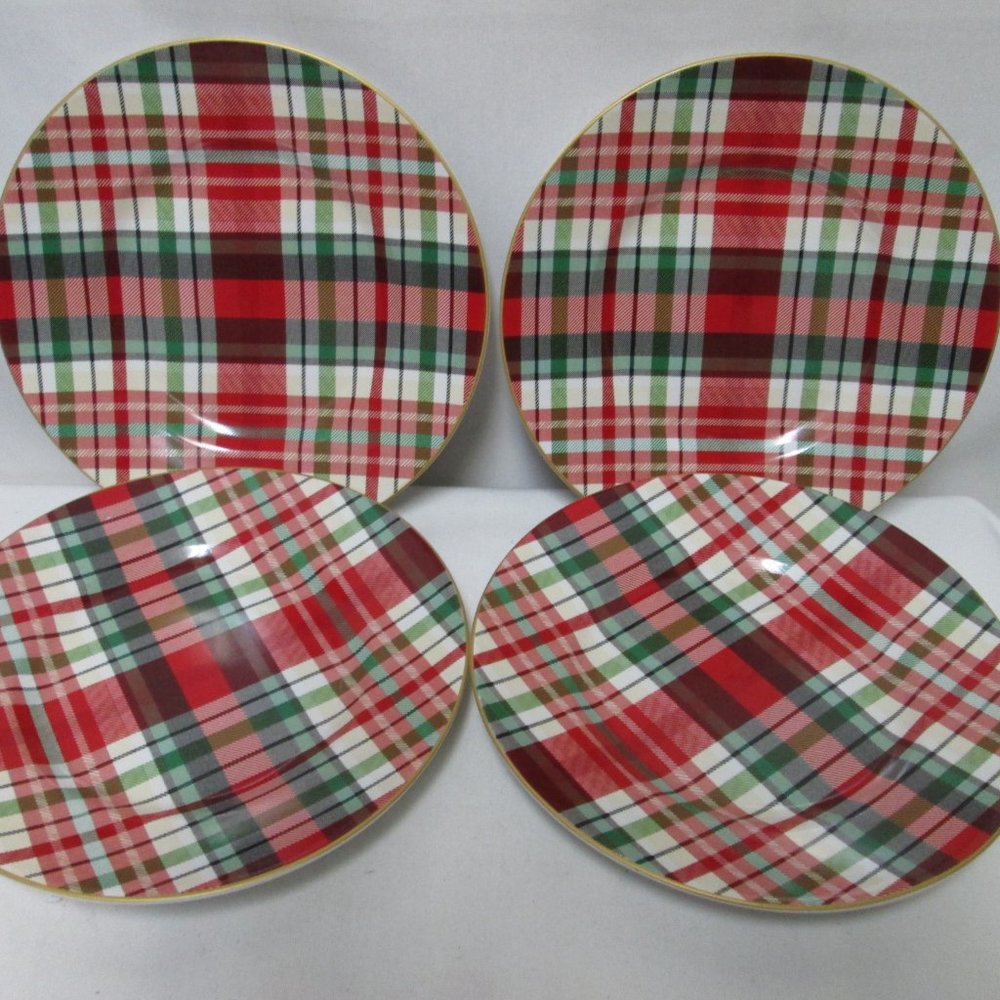 222 Fifth Holiday Small Plaid Christmas Plate Set 4 Porcelain Dish Micro Safe